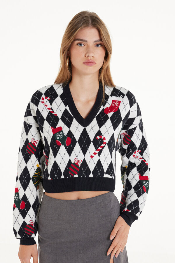 Long-Sleeved V-Neck Cropped Christmas Print Sweater  