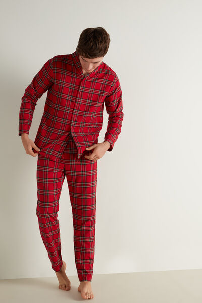 Pijama Largo de Franela para Hombre con Estampado Navideño de Cuadros Escoceses
