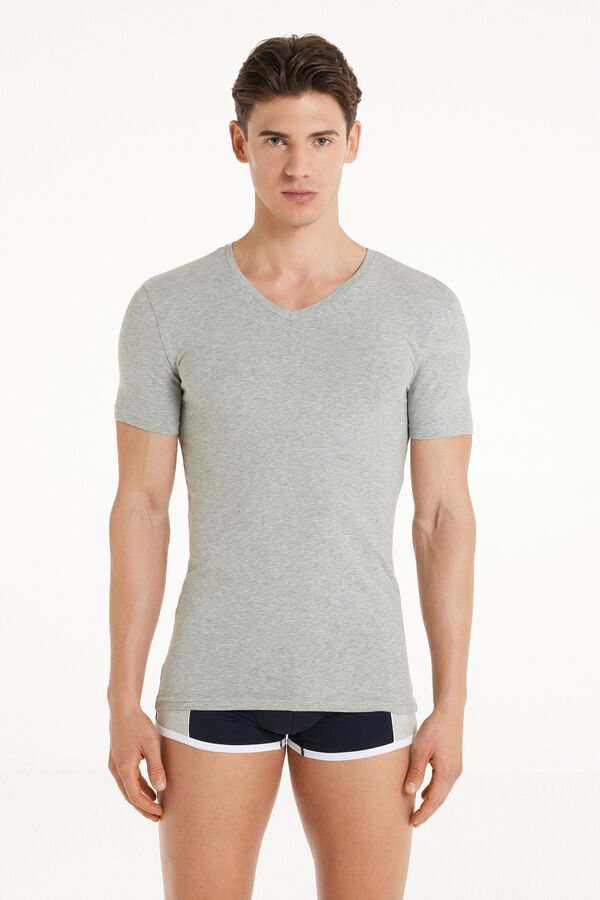 T-Shirt Col en V en Coton Élastique  