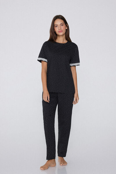 Tezenis Pijama Manga Corta Algodón Microlunares Mujer Negro Tamaño L