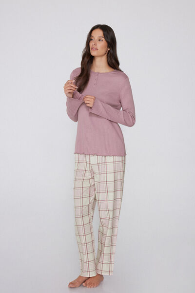 Tezenis Pijama Largo Canalé y Tela de Algodón Mujer Rosa Claro Tamaño S