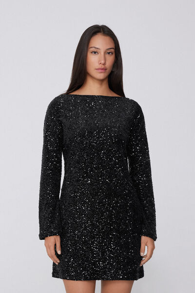 Tezenis Vestido Corto Manga Larga Lentejuelas Mujer Negro Tamaño L