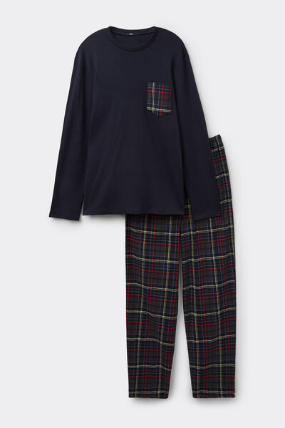 Tezenis Pijama Largo Franela Bolsillo Tartán Hombre Azul Tamaño L