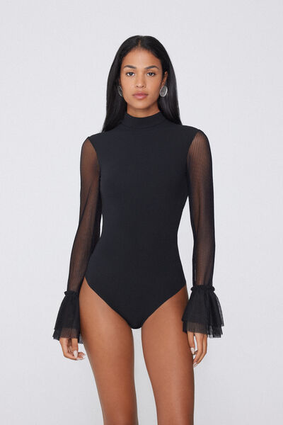 Tezenis Body Manga Larga Pretty Plissé Mujer Negro Tamaño S