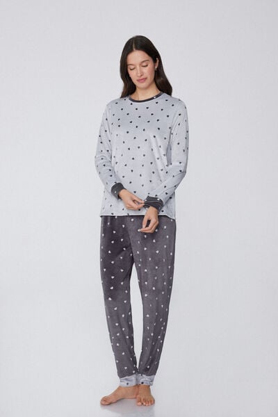 Tezenis Pijama Largo Micropolar Estampado Corazoncitos Mujer Gris Tamaño M