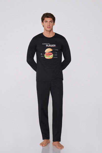 Tezenis Pijama Largo de Algodón con Estampado Hamburguesa Hombre Negro Tamaño M