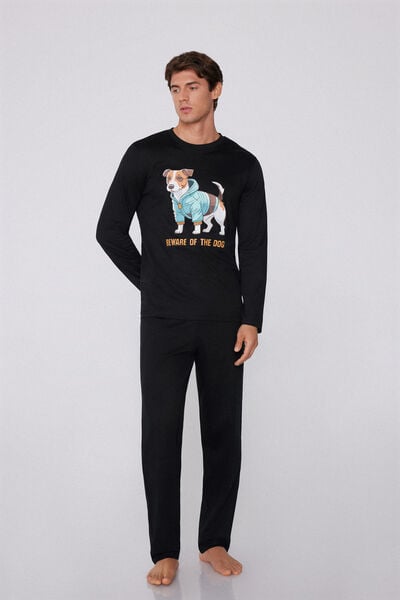 Tezenis Pijama Largo de Algodón con Estampado Jack Russel Hombre Negro Tamaño XL
