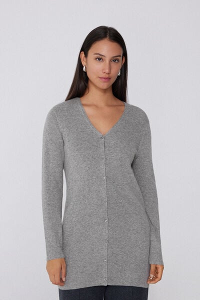 Tezenis Cárdigan Largo Grueso Canalé Escote Pico Lana Mujer Gris Tamaño L