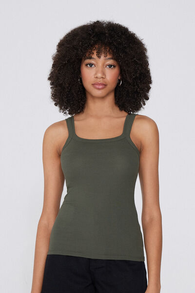 Tezenis Camiseta de Tirantes con Escote Cuadrado de Canalé de Algodón Mujer Verde Tamaño XS