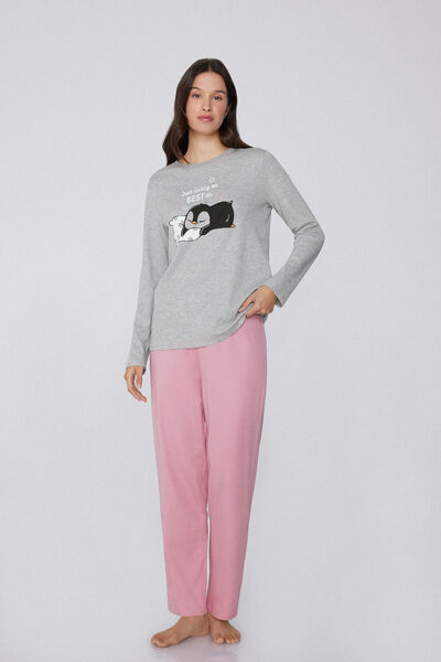 Tezenis Pijama Largo de Algodón Grueso Estampado Pingüino Mujer Gris Tamaño L