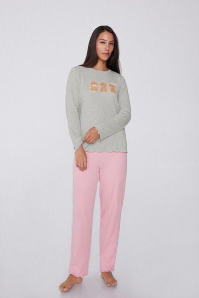 Tezenis Pijama Largo Algodón Grueso Parche Perros Mujer Gris Tamaño S