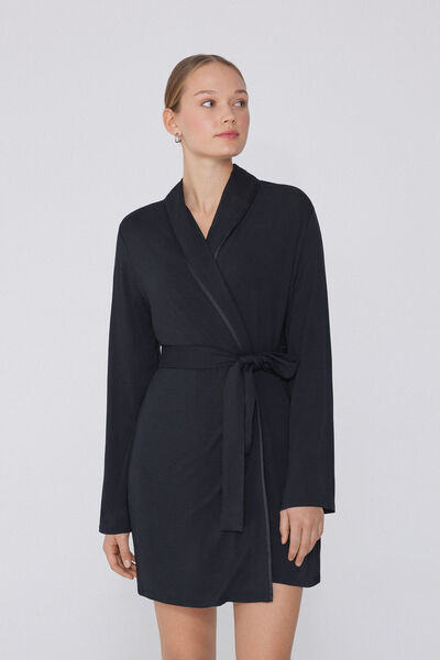 Tezenis Bata de Manga Larga de Viscosa con Ribetes de Raso Mujer Negro Tamaño L