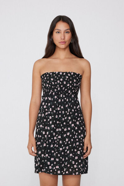 Tezenis Vestido Corto sin tirantes de Punto Smock y Tela Viscosa Mujer Negro Tamaño L