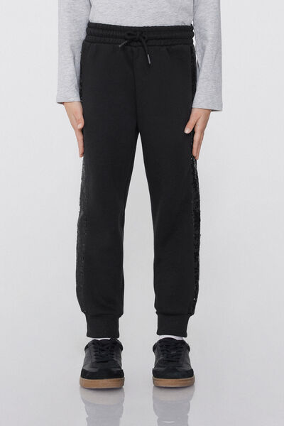 Tezenis Pantalones Largos Felpa Gruesa Niña Bandas Lentejuelas Chica Negro Tamaño 8-9