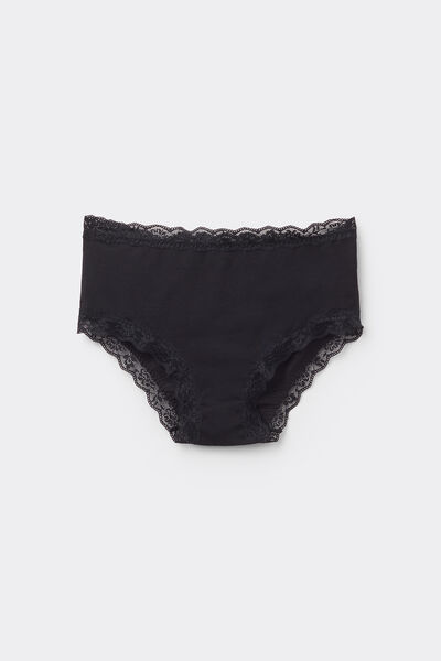 Tezenis Braguita de Talle Alto de Algodón y Encaje Mujer Negro Tamaño S