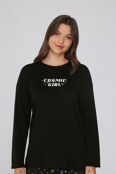 Tezenis Camiseta de Algodón de Manga Larga con Corte Oversize Mujer Negro Tamaño S