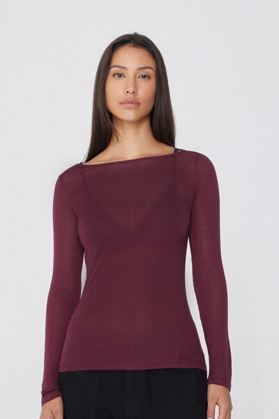 Tezenis Camiseta Ligerísima Escote Barco Viscosa Lana Merino Mujer Burdeos Tamaño S
