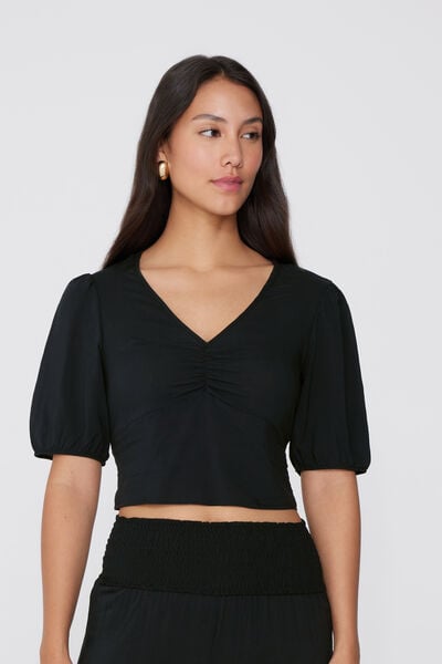 Tezenis Top de Media Manga con Frunce Viscosa Mujer Negro Tamaño L
