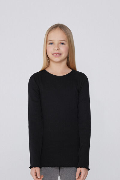 Tezenis Camiseta Manga Larga Cuello Redondo de Canalé y Punto Sobrehilado Niña Chica Negro Tamaño 8-9