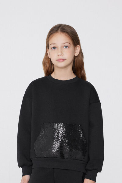 Tezenis Sudadera Gruesa Niña Bolsillo Lentejuelas Chica Negro Tamaño 4-5