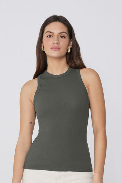Tezenis Camiseta de Tirantes con Espalda Nadadora de Canalé de Algodón Mujer Verde Tamaño L