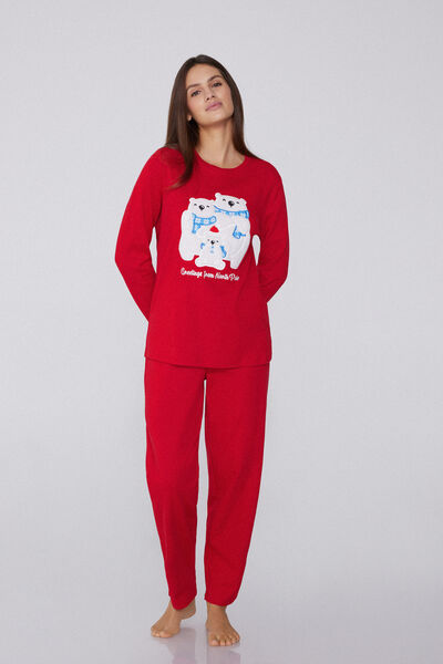 Tezenis Pijama Largo de Algodón Grueso Parche Polo Norte Mujer Rojo Tamaño S