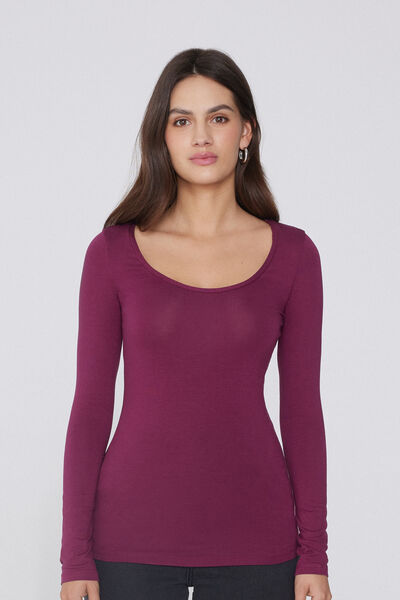 Tezenis Camiseta de Manga Larga de Viscosa con Escote Redondo Amplio Mujer Rojo Tamaño M