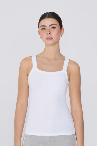 Tezenis Camiseta de Tirantes con Escote Cuadrado de Canalé de Algodón Mujer Blanco Tamaño XS