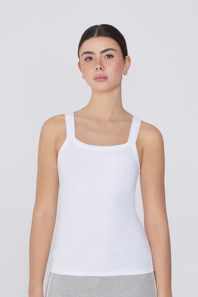 Tezenis Camiseta de Tirantes con Escote Cuadrado de Canalé de Algodón Mujer Blanco Tamaño M