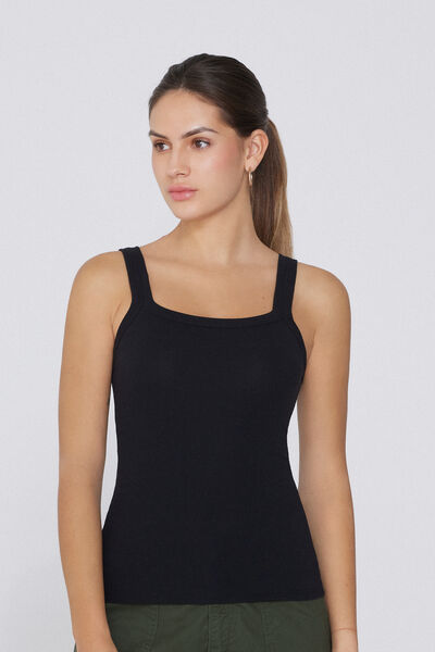 Tezenis Camiseta de Tirantes con Escote Cuadrado de Canalé de Algodón Mujer Negro Tamaño L