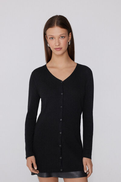 Tezenis Cárdigan Largo Grueso Canalé Escote Pico Lana Mujer Negro Tamaño L