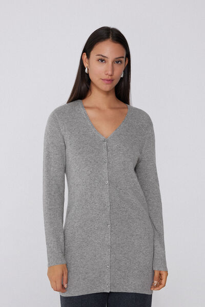 Tezenis Cárdigan Largo Grueso Canalé Escote Pico Lana Mujer Gris Tamaño M