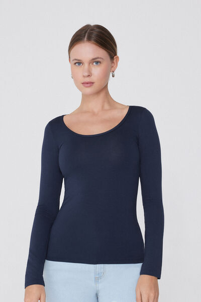 Tezenis Camiseta de Manga Larga de Viscosa con Escote Redondo Amplio Mujer Azul Tamaño S