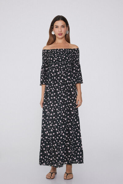 Tezenis Vestido Largo Punto Smock Hombros Descubiertos Mujer Negro Tamaño S