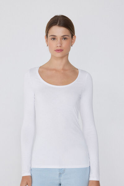 Tezenis Camiseta de Manga Larga de Viscosa con Escote Redondo Amplio Mujer Blanco Tamaño L