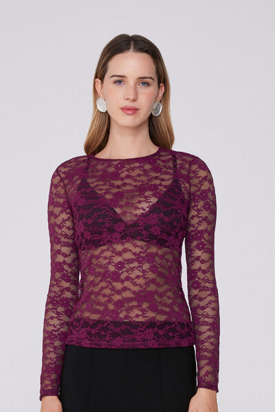 Tezenis Camiseta Manga Larga Cuello Redondo Encaje Mujer Rojo Tamaño L