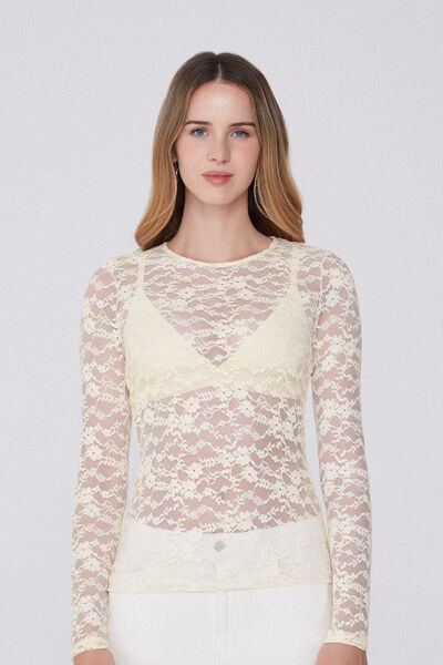 Tezenis Camiseta Manga Larga Cuello Redondo Encaje Mujer Blanco (avorio) Tamaño L