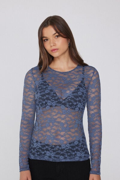 Tezenis Camiseta Manga Larga Cuello Redondo Encaje Mujer Azul Tamaño L