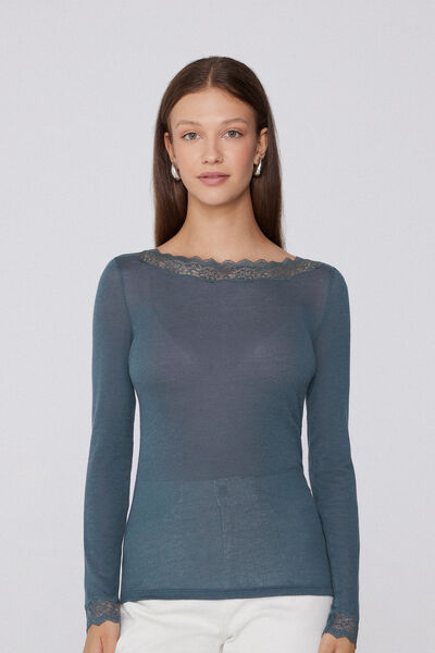 Tezenis Camiseta Manga Larga Escote Barco Encaje/Lana Merina Mujer Gris Oscuro Tamaño M