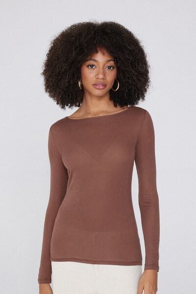 Tezenis Camiseta Ligerísima Escote Barco Viscosa Lana Merino Mujer Marrón Tamaño S