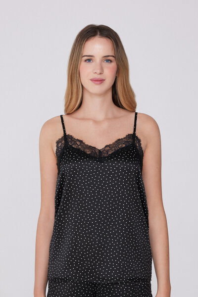 Tezenis Camiseta de Tirantes Finos de Raso con Estampado y Encaje Mujer Negro Tamaño XS