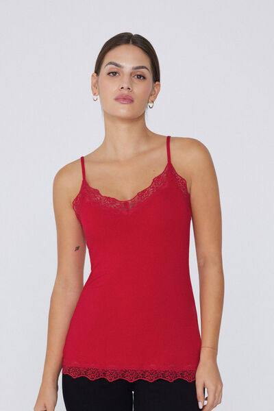 Tezenis Camiseta Tirantes Finos Escote Pico Viscosa Encaje Mujer Rojo Tamaño L