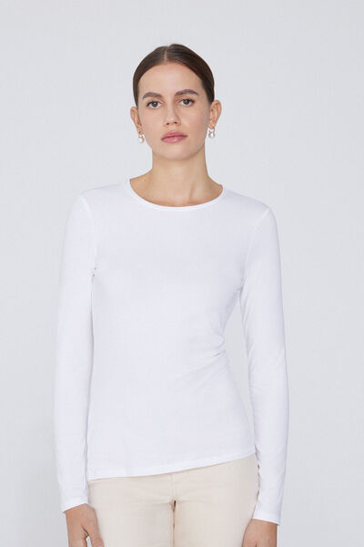 Tezenis Camiseta Manga Larga Cuello Redondo Algodón Orgánico Elástico Mujer Blanco Tamaño L