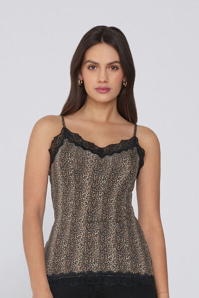 Tezenis Camiseta de Tirantes con Escote de Pico y Encaje Mujer Animalier Tamaño XL