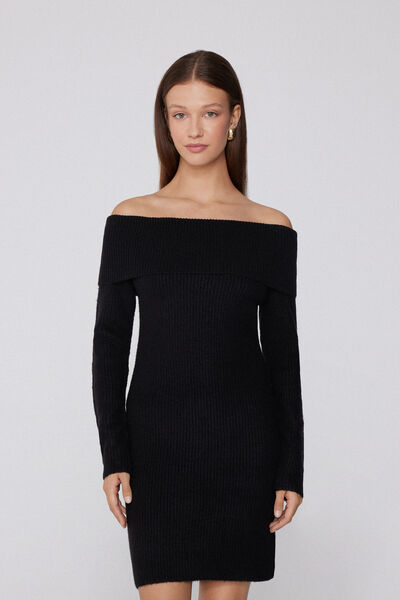 Tezenis Vestido Midi Grueso Escote Vuelto Canalé Mujer Negro Tamaño S