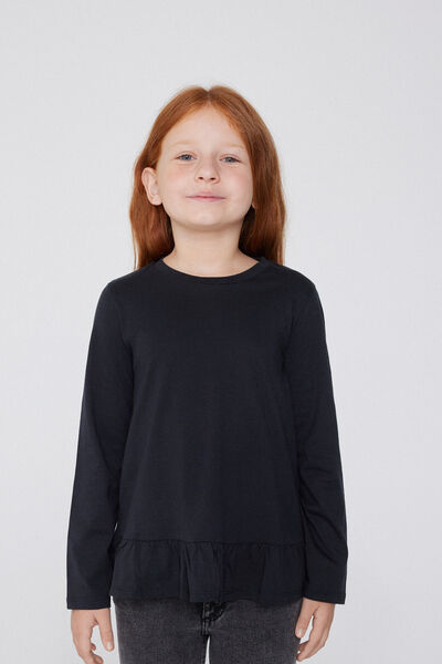 Tezenis Camiseta Manga Larga Algodón con Volante Chica Negro Tamaño 2-3