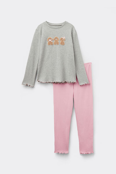 Tezenis Pijama Largo Algodón Grueso Parche Perros Niña Chica Gris Tamaño 4-5