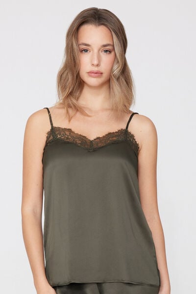 Tezenis Camiseta de Tirantes Finos de Raso y Encaje Mujer Verde Tamaño L