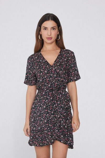 Tezenis Vestido Corto Cruzado Media Manga Tela Viscosa Mujer Negro Tamaño S