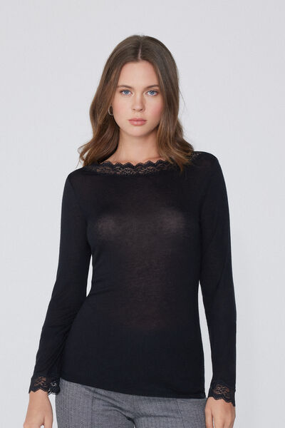 Tezenis Camiseta Manga Larga Escote Barco Encaje/Lana Merina Mujer Negro Tamaño L